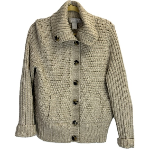 Lord & Taylor Chunky Cardigan Wool Alpaca Blend Wide Collar Sweater Vint… - Picture 1 of 10